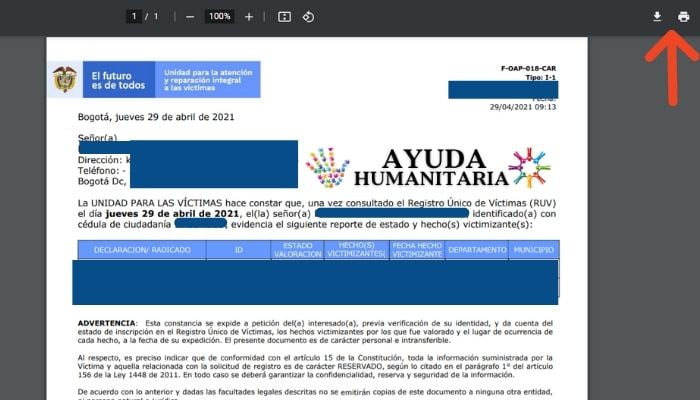 Descargar el certificado de desplazado por cedula