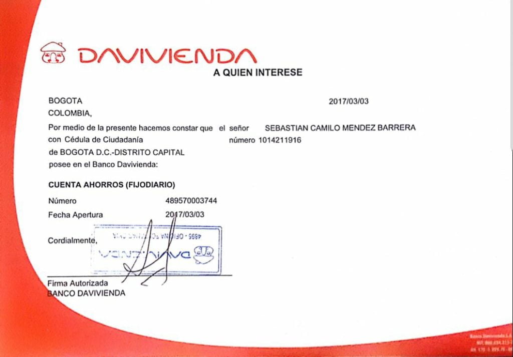 certificacion bancaria davivienda